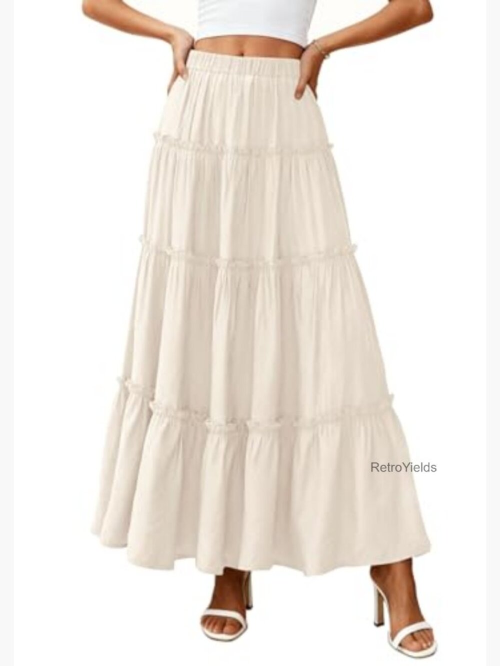 Boho Maxi Skirt with Pockets High Waisted Tiered A-Line Flowy Long Skirt - Picture 4 of 7